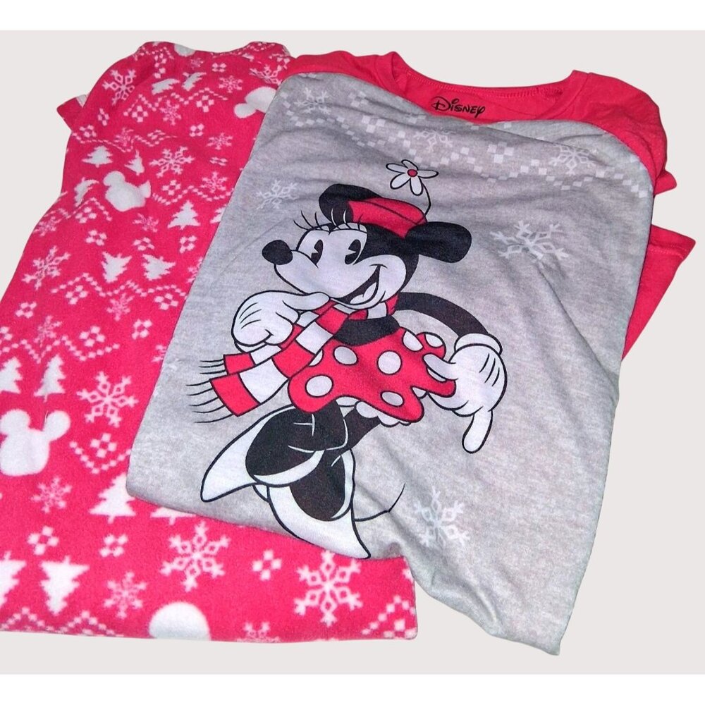Disney Minnie Mouse Pajama Set S Pink & Gray Snowflake Holiday Theme 100% Polyes